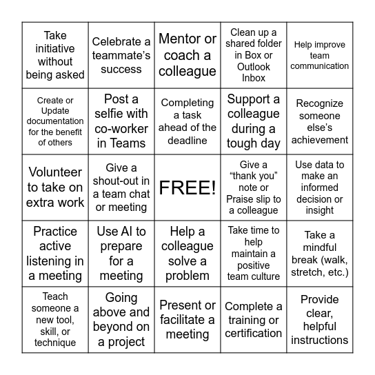 Recognition Bingo Card