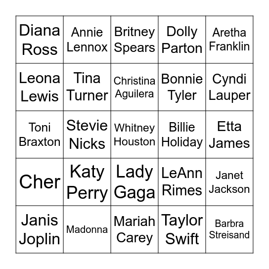 Power Divas- Artist Bingo Card
