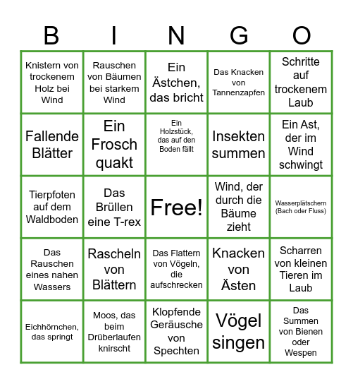 Wald Geräusche Bingo Card