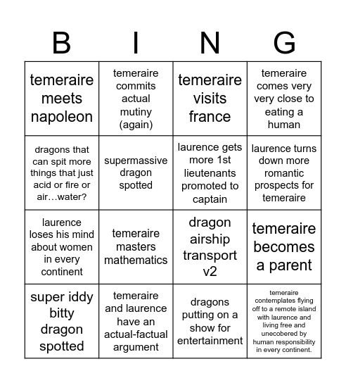 Temeraire Bingo Card