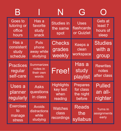 Habits of a Successful Student Bingo Card