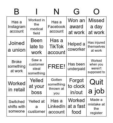 Work Experience Bingo Card