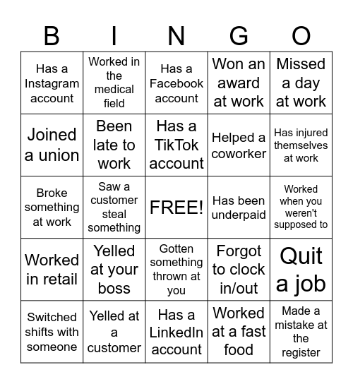 Work Experience Bingo Card
