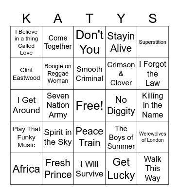 Cover Songs Bingo Card