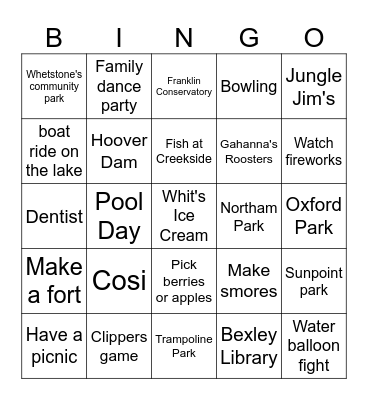 Jagger's Summer Bingo Card