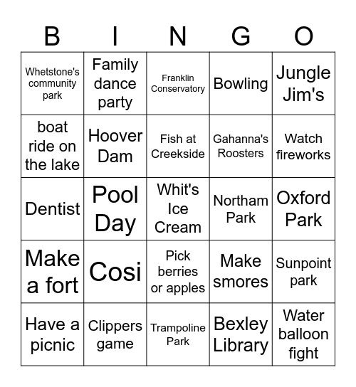 Jagger's Summer Bingo Card