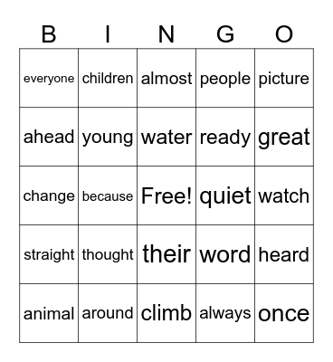 Tricky Word BINGO Card