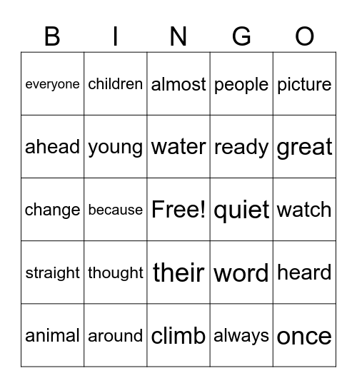 Tricky Word BINGO Card