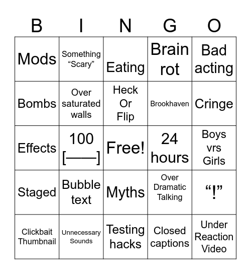 Kids video bingo Card
