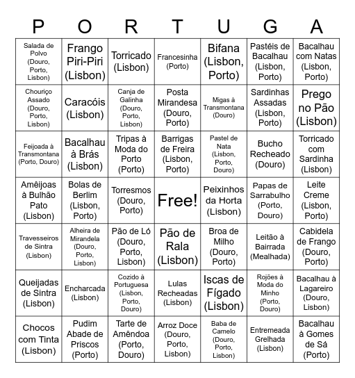 Portuguese Food Bingo Card
