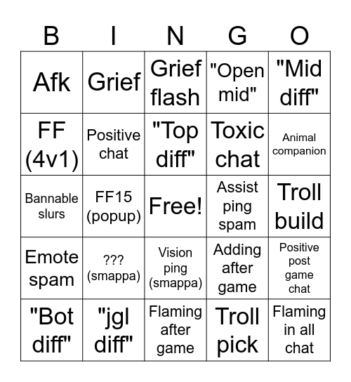 League bingo Card
