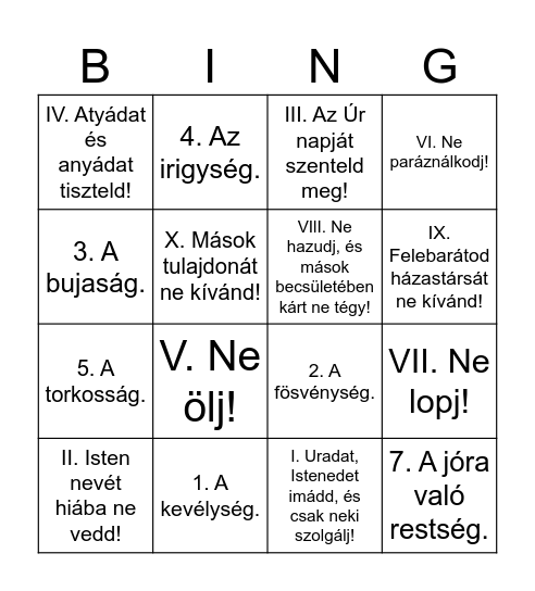 Tízparancsolat-bingó Bingo Card
