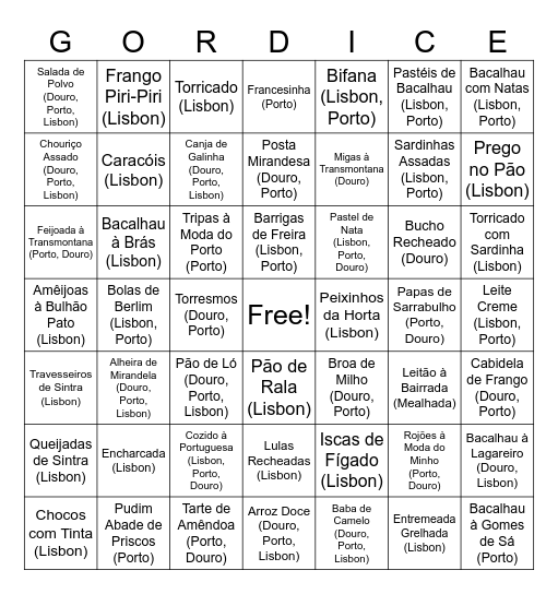 Portuguese Food Bingo Card