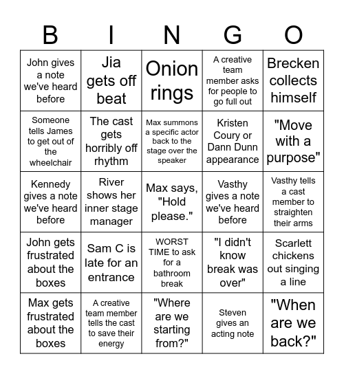 Lightning Thief Tech Rehearsal Day 3 Bingo Card