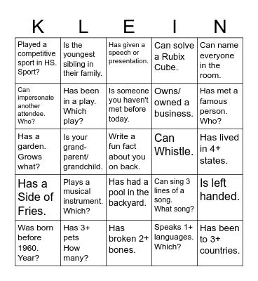 Klein Family Reunion Bingo Card