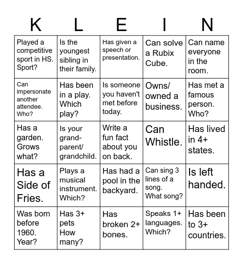 Klein Family Reunion Bingo Card