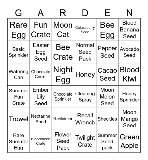 Grow A Garden Summer Harvest Event Bingo Card