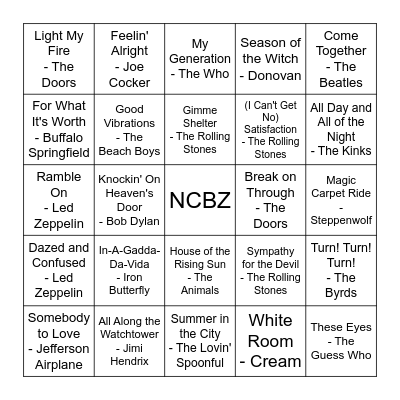 Classic Rock Bingo - Round 1 Bingo Card