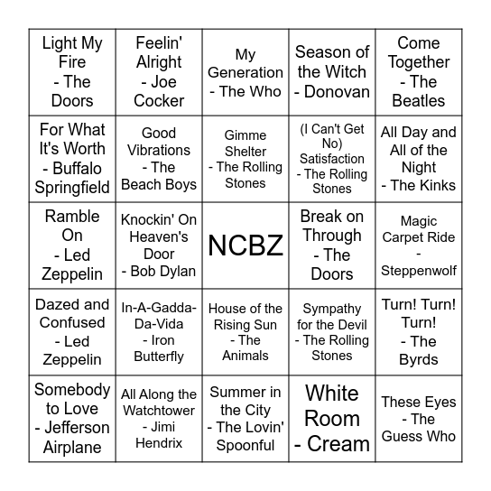 Classic Rock Bingo - Round 1 Bingo Card