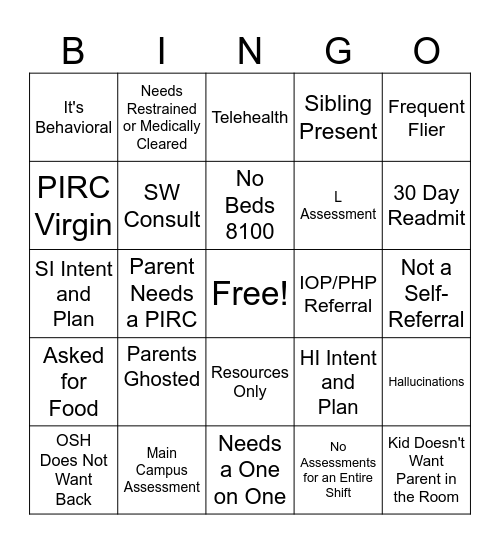 PIRC Bingo Card