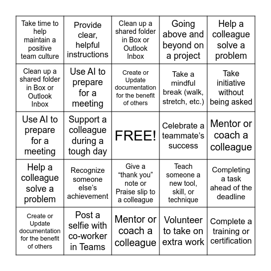 Recognition Bingo Card