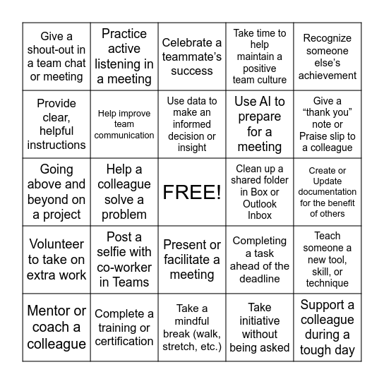 Recognition Bingo Card