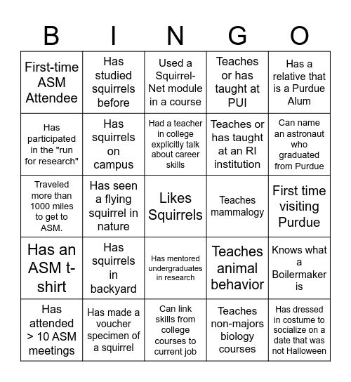 ASM Purdue Workshop Bingo Card
