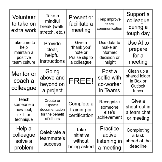 Recognition Bingo Card