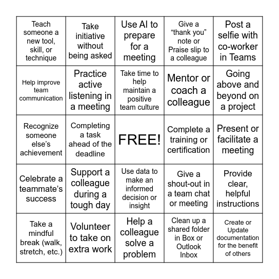 Recognition Bingo Card