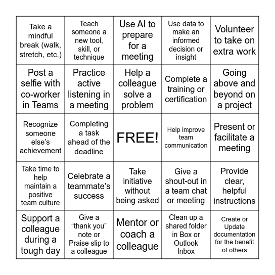 Recognition Bingo Card