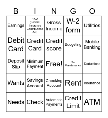 Money Skills Bingo Card