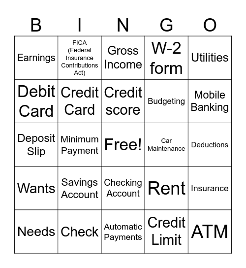 Money Skills Bingo Card