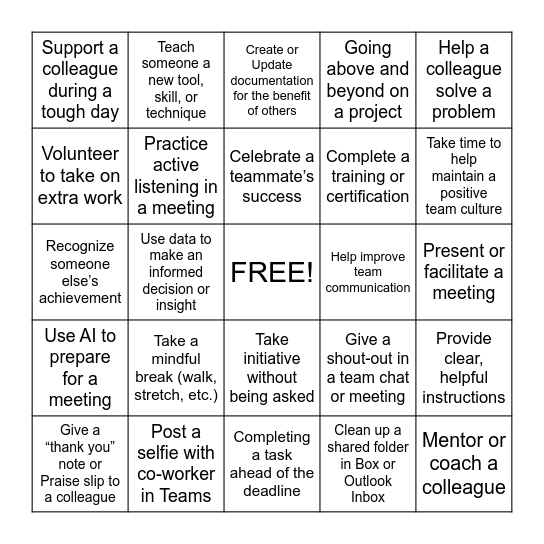 Recognition Bingo Card