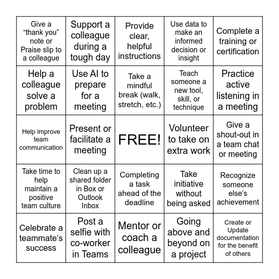 Recognition Bingo Card