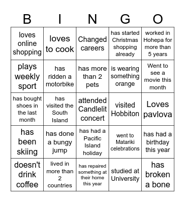 Kahikatea Social Bingo Card