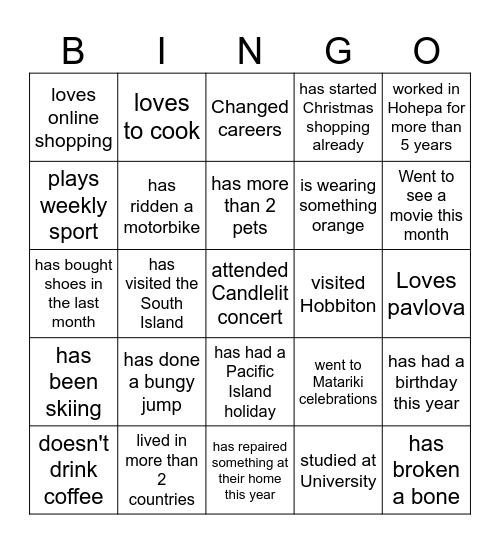 Kahikatea Social Bingo Card