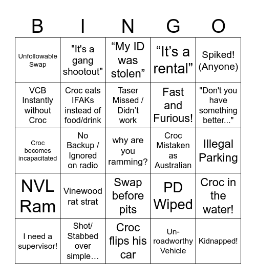 Croc Bingo Card