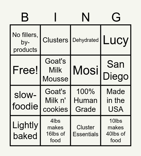 The Honest Kitchen Bingo Card