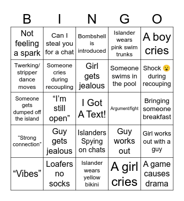 Love Island Bingo Card