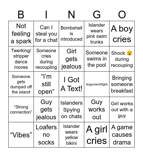Love Island Bingo Card