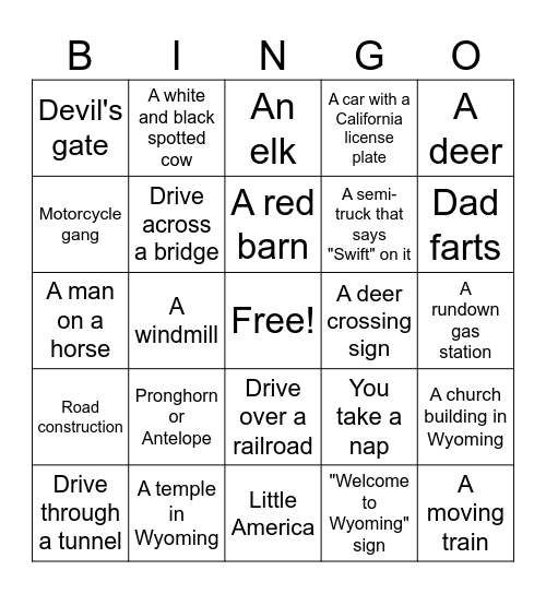 Springville to Devil's Tower Bingo Card