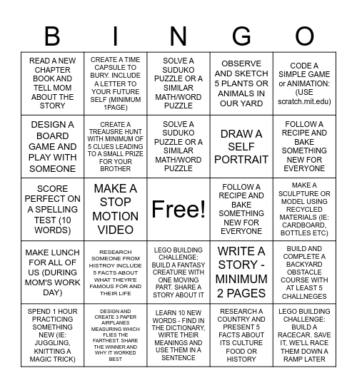 SUMMER BINGO CHALLENGE Bingo Card