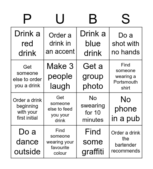 Pub Bingo Card