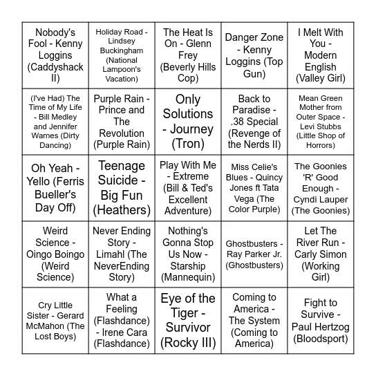 80's Movies Bingo Card