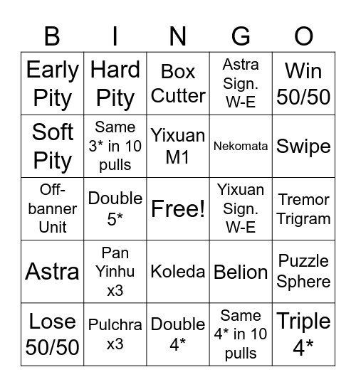 Yixuan Bingo Card