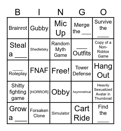 Roblox Recommended Bingo Card