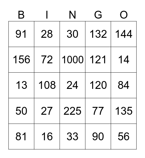 Bingo do Cálculo Mental Bingo Card
