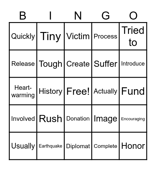 English Vocabulary Bingo Card