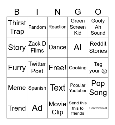 Youtube Shorts Bingo Card