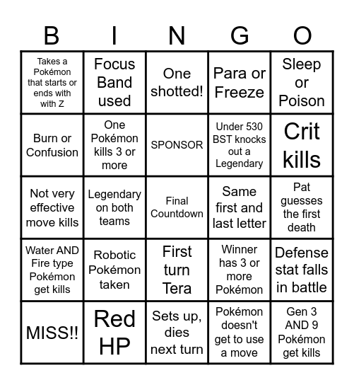 Guess your starter by the first and last letter Bingo Card